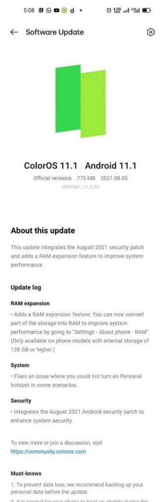 Oppo A52 August 2021 Security Patch with RAM Expansion Feature
