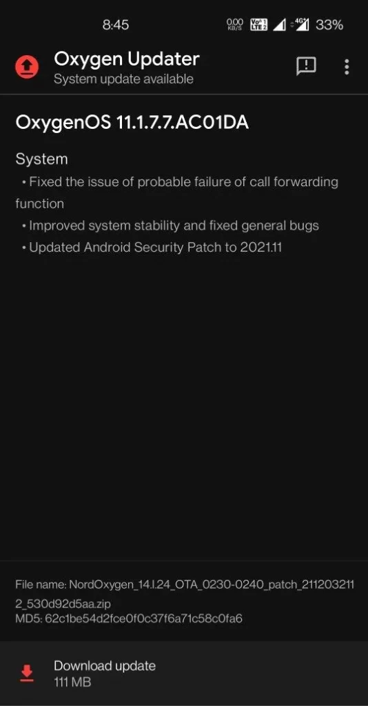Oneplus Nord November 2021 Security Patch with OxygenOS 11.1.7.7