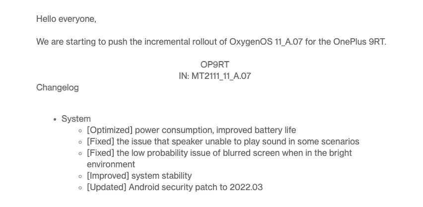Oneplus 9RT March 2022 Security Patch
