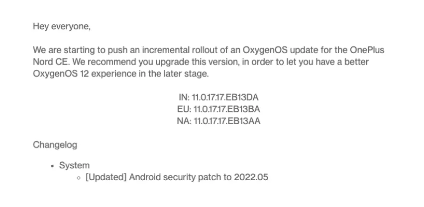 Oneplus Nord CE May 2022 Security Patch