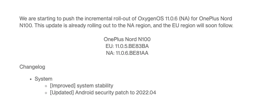 Oneplus Nord N100 April 2022 Security Patch