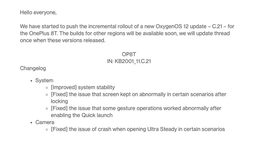 Oneplus 8T OxygenOS 12 update with C.21 Build