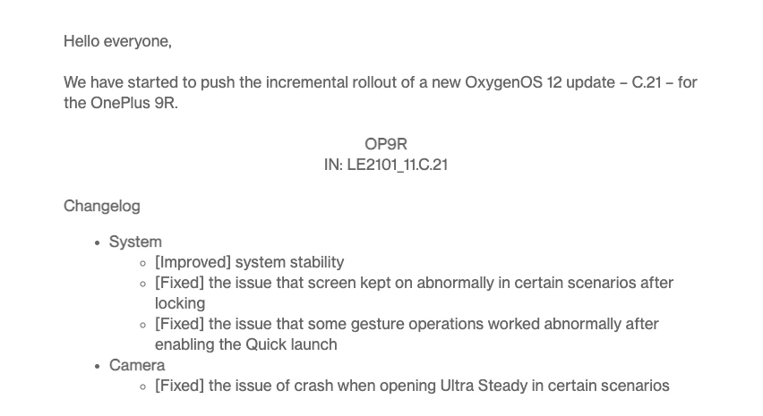 Oneplus 9R OxygenOS 12 update with C.21 Build