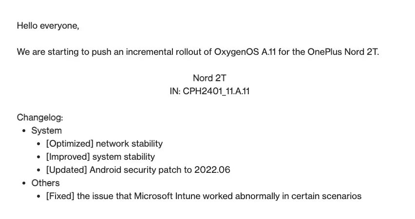 Oneplus Nord 2T June 2022 Security Patch